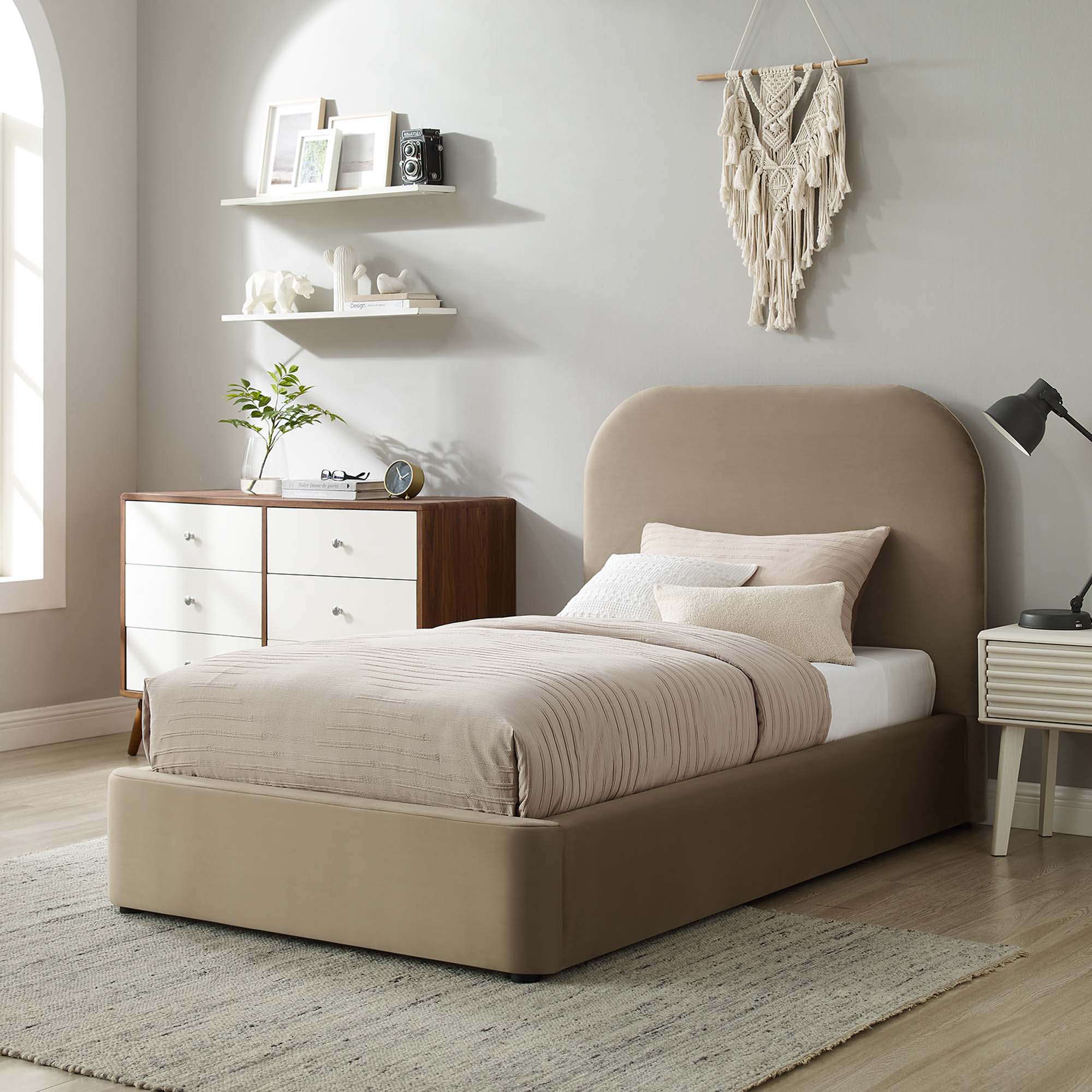 Lit simple en velours Heather, taupe
