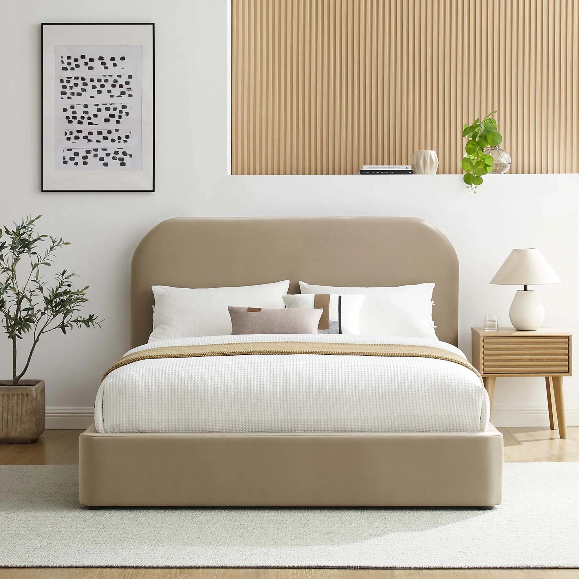 Lit Queen Size en velours Heather, taupe